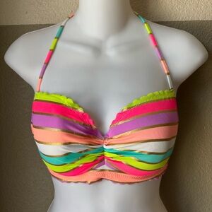 Victoria’s Secret Women’s 32D Colorful Neon Gold Striped Halter Bikini Swim Top